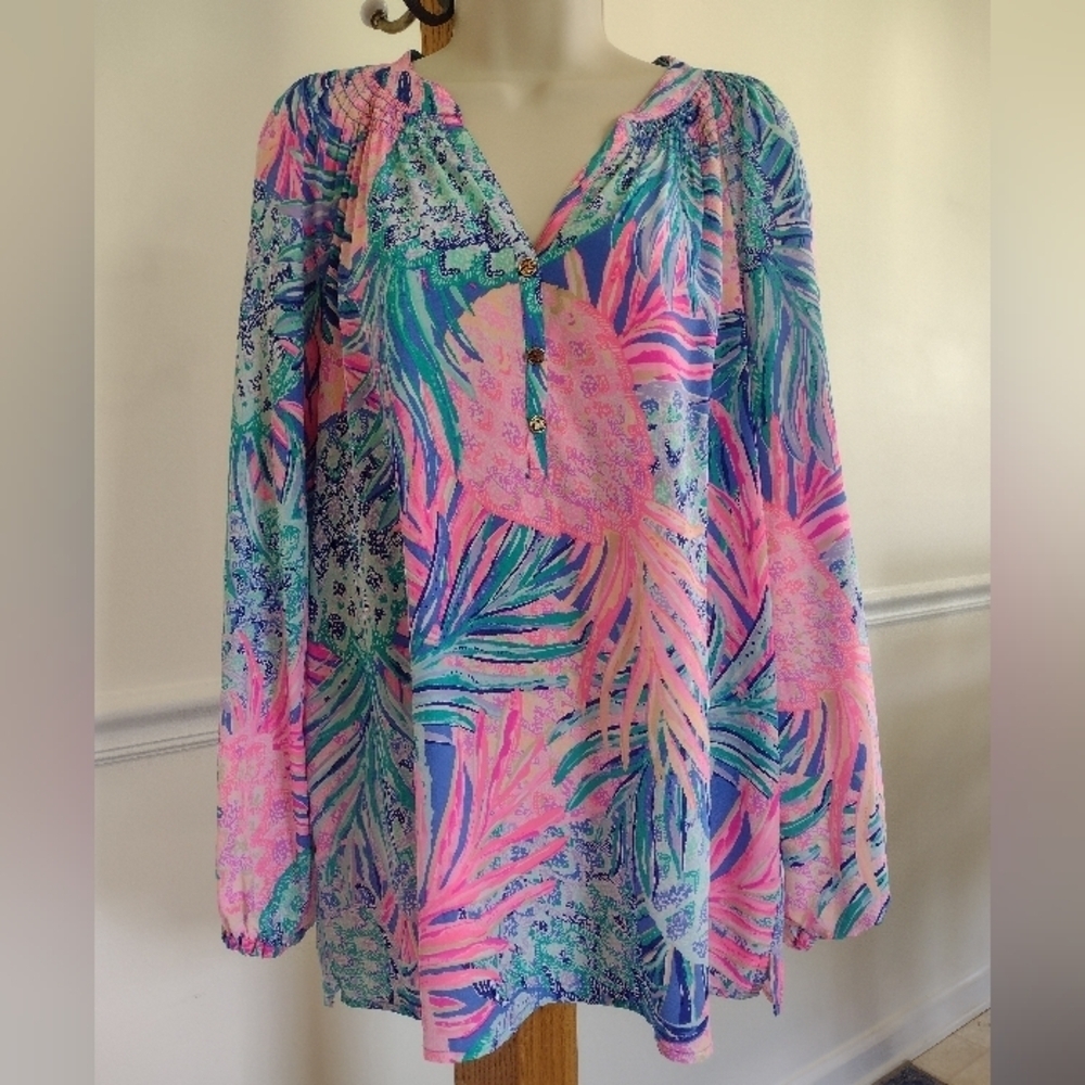 Lilly Pulitzer Silk Blouse Long Sleeve Elsa Top Gypset Paradise Sz M